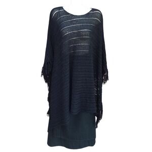 Black Knit Poncho Oversized Fringe Detail Flowy‎ Bohemian Style Layering